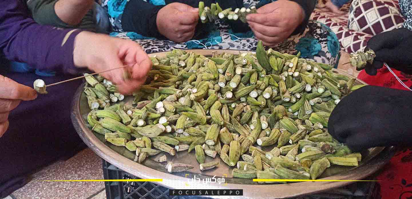 نساء يعملن على تجفيف البامية في مخيمات إدلب