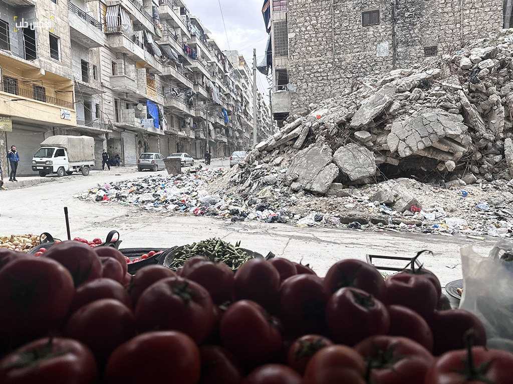 من أمام محل لبيع الخضروات في حي بستان الباشا بمدينة حلب، أيار 2025