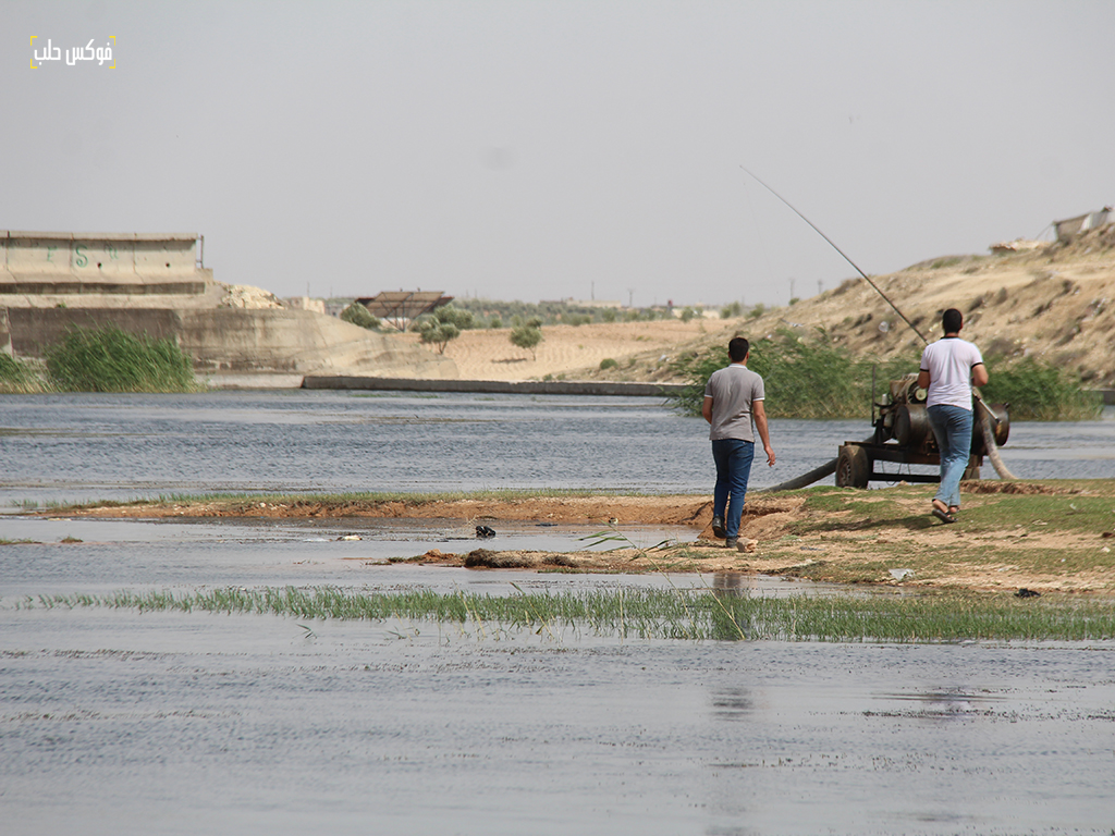 صيادون ييبحثون عن أسماك في بحيرة سد الساجور بريف حلب الشرقي، أيار 2025.